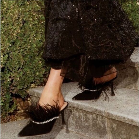 Antonio Melani x Nicola Bathie Liz Ostrich Feathers Rhinestone Suede Dress Mules - Picture 14 of 14